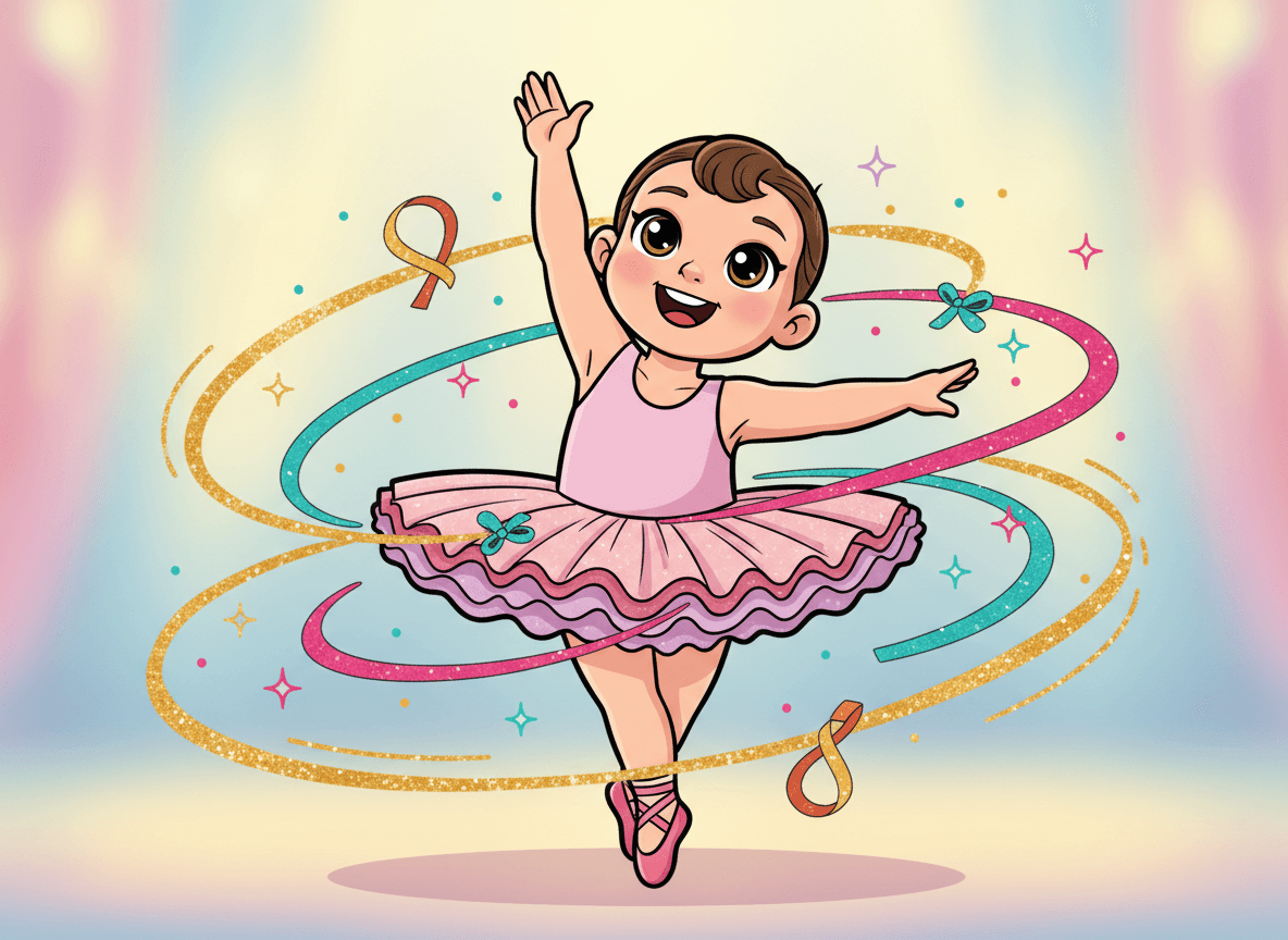 Cartoon style dance story illustration of a happy child dancer twirling in a fluffy tutu with sparkles and ribbons