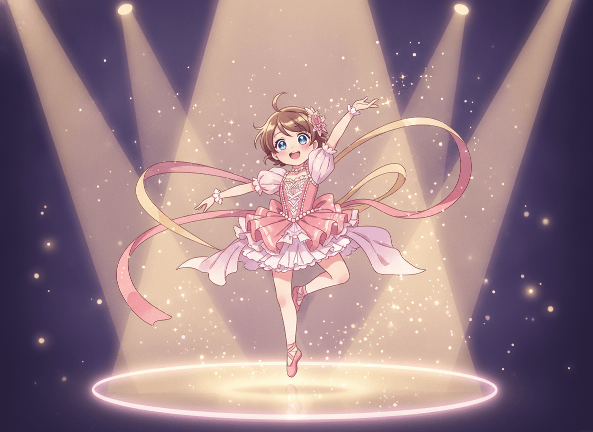 Anime style dance story illustration of an expressive child dancer performing a graceful leap with flowing ribbons on a glowing stage