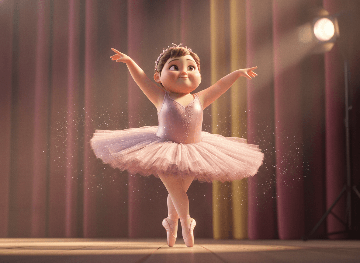 Cinematic 3D style dance story illustration of an adorable ballerina twirling on tiptoe in a soft pink tutu with sparkles rising