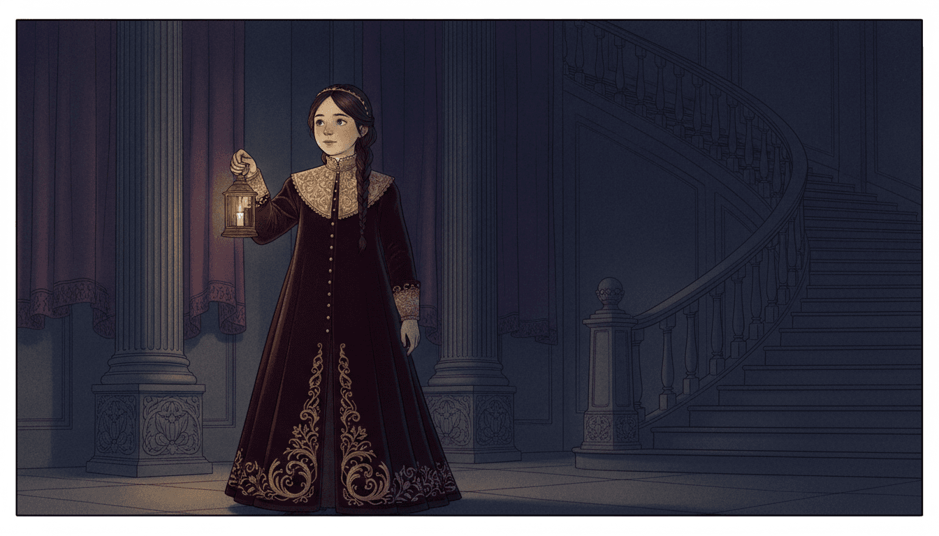 A dark fantasy picture-book illustration of a girl with a long dark braid and a thin gold circlet walking through a shadowed hall, holding up a small brass candle lantern. She wears a long deep-burgundy velvet coat-dress with a gold-embroidered high collar and cuffs, a row of tiny buttons and large gold scrollwork rising from the hem. Behind her, carved stone pillars, dark red drapes and a sweeping staircase with a balustrade fade into midnight-blue shadow. A thin dark frame line runs around the edge of the picture.
