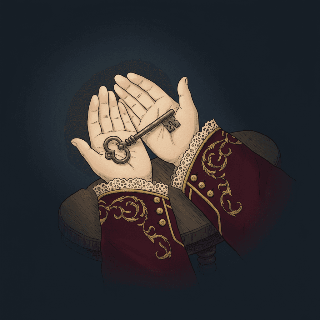 A square dark fantasy illustration with no face in it: two cupped hands held out over a small dark wooden table, holding an old iron key with a looped handle. The hands come out of deep-burgundy velvet sleeves with lace at the wrists, each cuff embroidered with gold scrollwork and fastened with three small gold buttons. Everything around them falls away into a dark blue-black shadow.