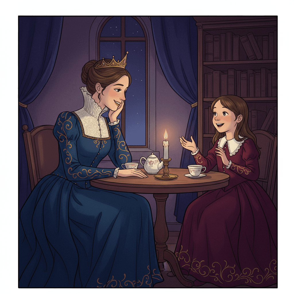 A square dark fantasy illustration of a young queen and a girl having tea at a small round table in a dim tower room at night. The queen, in a gold crown, a high white lace collar and a midnight-blue gown with gold scrollwork on the sleeves and hem, rests her cheek on her hand and smiles as she listens. The girl, in a burgundy dress with a white lace collar and gold-embroidered cuffs, talks with both hands raised and an excited face. A single candle and a white teapot stand between them, and a starry arched window, blue drapes and a dark bookcase fill the room behind. A thin white margin and dark frame line run around the picture.