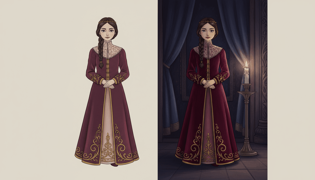A dark fantasy illustration split down the middle into two halves, showing the same girl in the same costume twice in an identical pose: a girl with a long dark braid and a thin gold circlet, hands folded, in a long burgundy coat-dress with an embroidered pink-and-gold high collar, gold cuffs and gold scrollwork at the hem. In the left half she stands against a plain flat pale beige ground with no light and no shadow, and the burgundy looks dull and dusty. In the right half she stands in a dark room with midnight-blue drapes and a carved panel behind her, beside a tall lit candle on an iron stand, and the same dress turns a deep glowing red with the gold catching the light. A thin strip of plain pale margin shows at the far right edge.