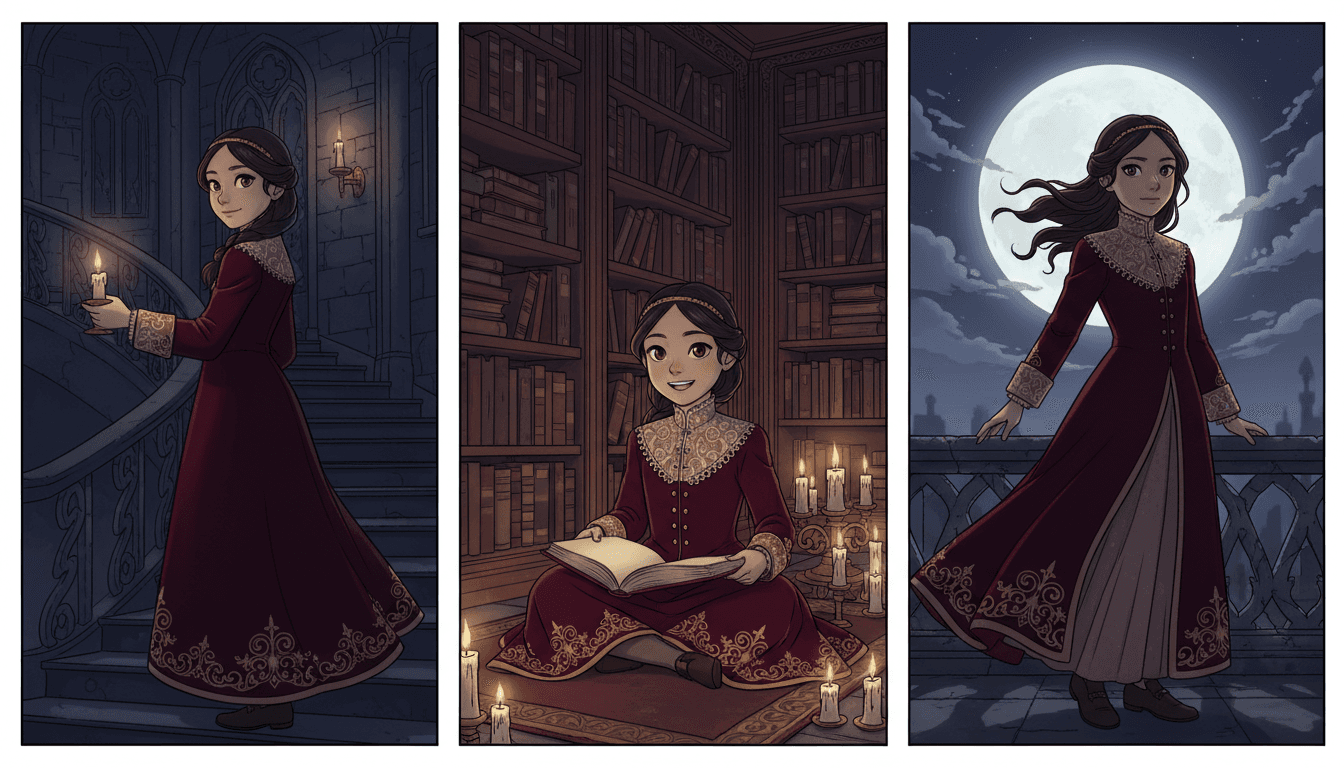 A dark fantasy picture-book illustration laid out as three tall panels side by side, each with a thin dark border and a narrow white gap between them, showing the same girl in the same long burgundy velvet coat-dress with a lace collar, lace cuffs and gold embroidery at the hem. In the left panel she climbs a curving stone staircase in blue shadow, holding a candle and looking back over her shoulder. In the middle panel she sits cross-legged on a rug in a library of tall dark bookshelves, surrounded by lit candles, smiling over an open book. In the right panel she stands at a stone balustrade at night in front of a huge pale full moon, her dark hair blowing in the wind.