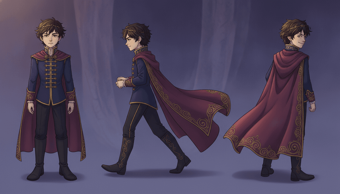 A character turnaround in dark fantasy style showing the same boy three times against a dusky violet backdrop with faint drapes: from the front, standing straight; from the side, mid-stride with his cape flowing behind; and from behind, glancing back over his shoulder with a slight smile. He has messy brown hair and a thin gold circlet, a high-collared midnight-blue jacket with gold braid fastenings across the chest, a burgundy cape edged with gold scrollwork, dark trousers and tall boots with gold embroidery.
