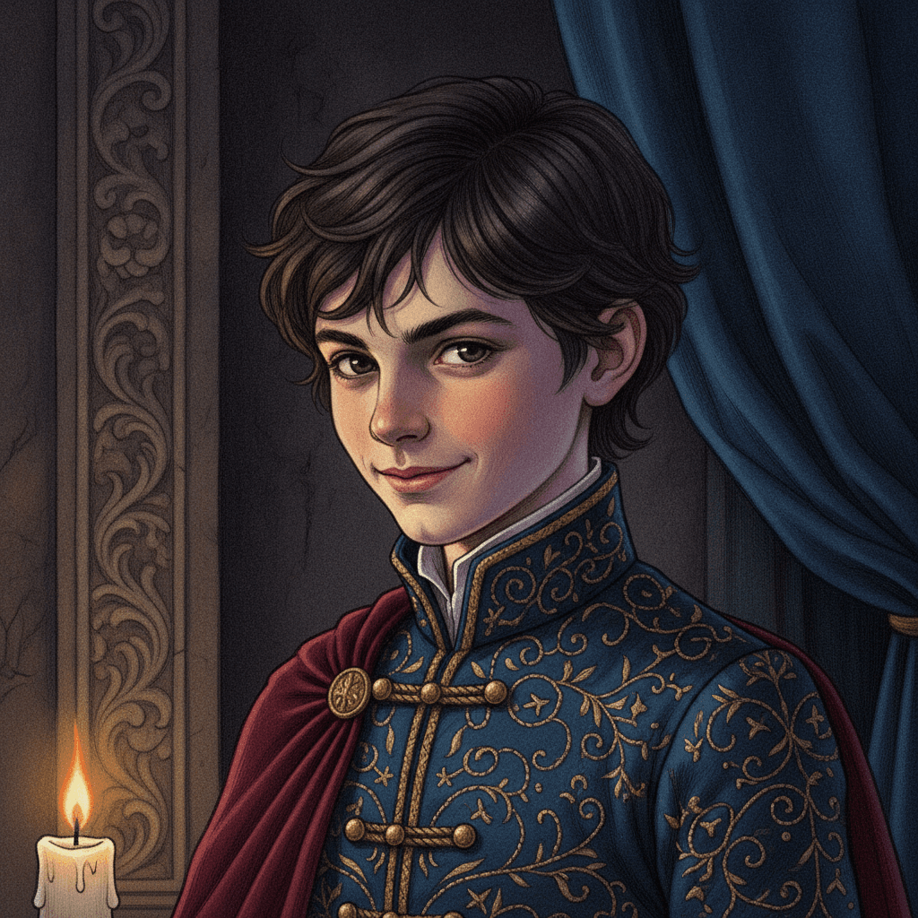 A square dark fantasy portrait of a boy with tousled dark hair, turned towards the viewer with a sly sideways smile. He wears a high-collared midnight-blue jacket covered in fine gold embroidered scrollwork with gold braid fastenings and round gold buttons, and a burgundy velvet cape over one shoulder pinned with a gold clasp. A lit candle stands in the lower left corner, a carved panel rises behind him on the left and a blue velvet drape hangs on the right, both falling into shadow.