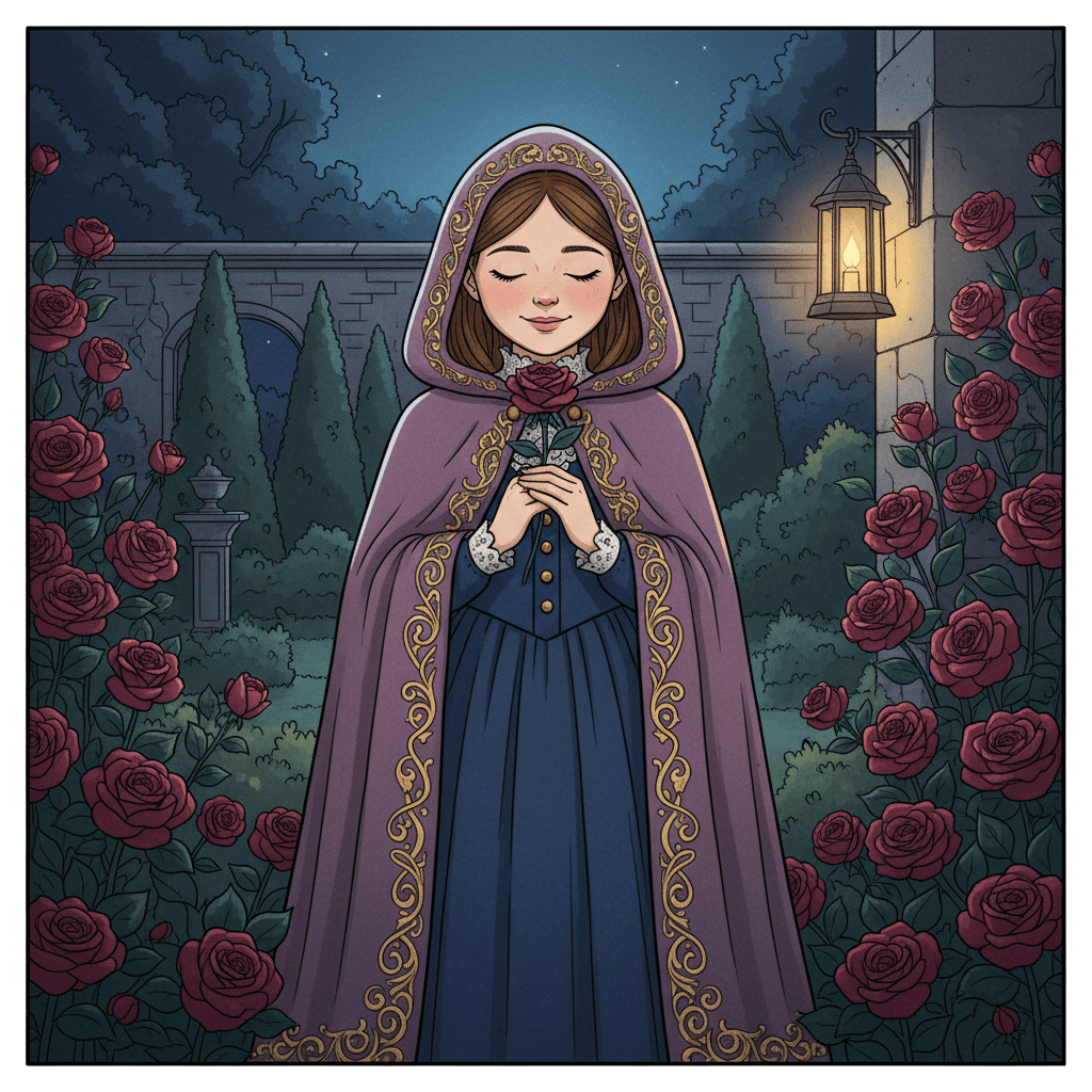 A square dark fantasy illustration of a girl standing in a walled night garden among bushes of deep red roses. She wears a dusky violet hooded cloak with the hood up, its edges embroidered in gold, over a midnight-blue dress with lace cuffs and small gold buttons. Eyes closed and smiling, she holds a single red rose up close to her face with both hands. A lantern glows on the stone wall at the right, and clipped dark hedges, a stone arch and a starry blue sky fill the background. A thin dark frame line runs around the edge of the picture.