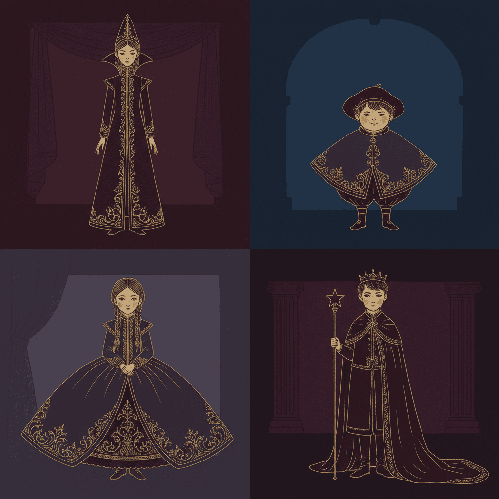 A dark fantasy illustration arranged as a two-by-two grid of four children, each drawn in fine gold outlines against its own dark background with a faint drape, arch or pair of pillars. Top left, on deep burgundy: a tall thin girl in a long narrow embroidered coat with a stiff high collar and a tall pointed headdress. Top right, on midnight blue: a small round boy in a wide triangular cape, puffed breeches and a floppy beret. Bottom left, on dusky violet: a girl with two long braids in a huge bell-shaped embroidered skirt and a fitted jacket. Bottom right, on dark plum: a boy in a small crown and a long cloak trailing on the floor, holding a tall staff topped with a star. Each child has a completely different outline.