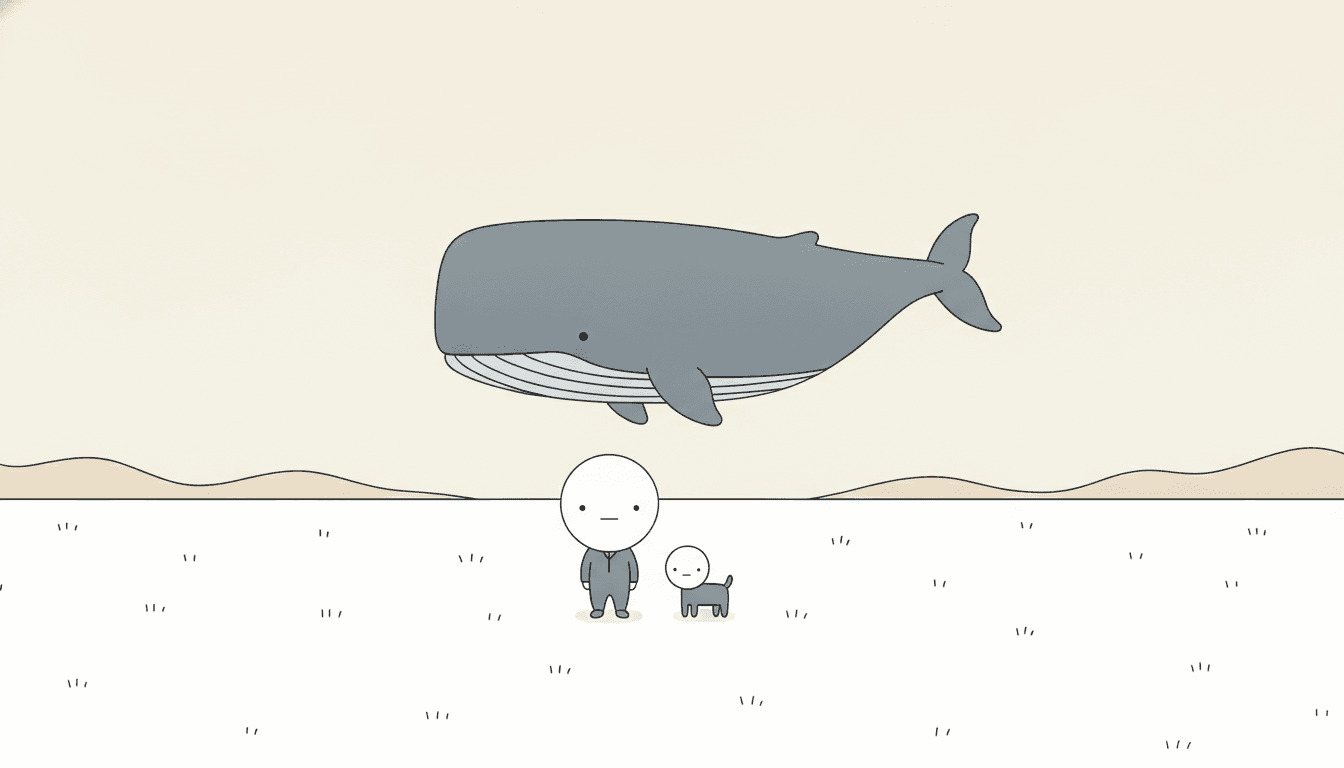 Deadpan cartoon illustration of a small round-headed child and an equally small round-headed dog standing on an empty lawn facing forward with completely blank faces, while an enormous grey whale floats in the air behind them and neither of them has turned round to look at it