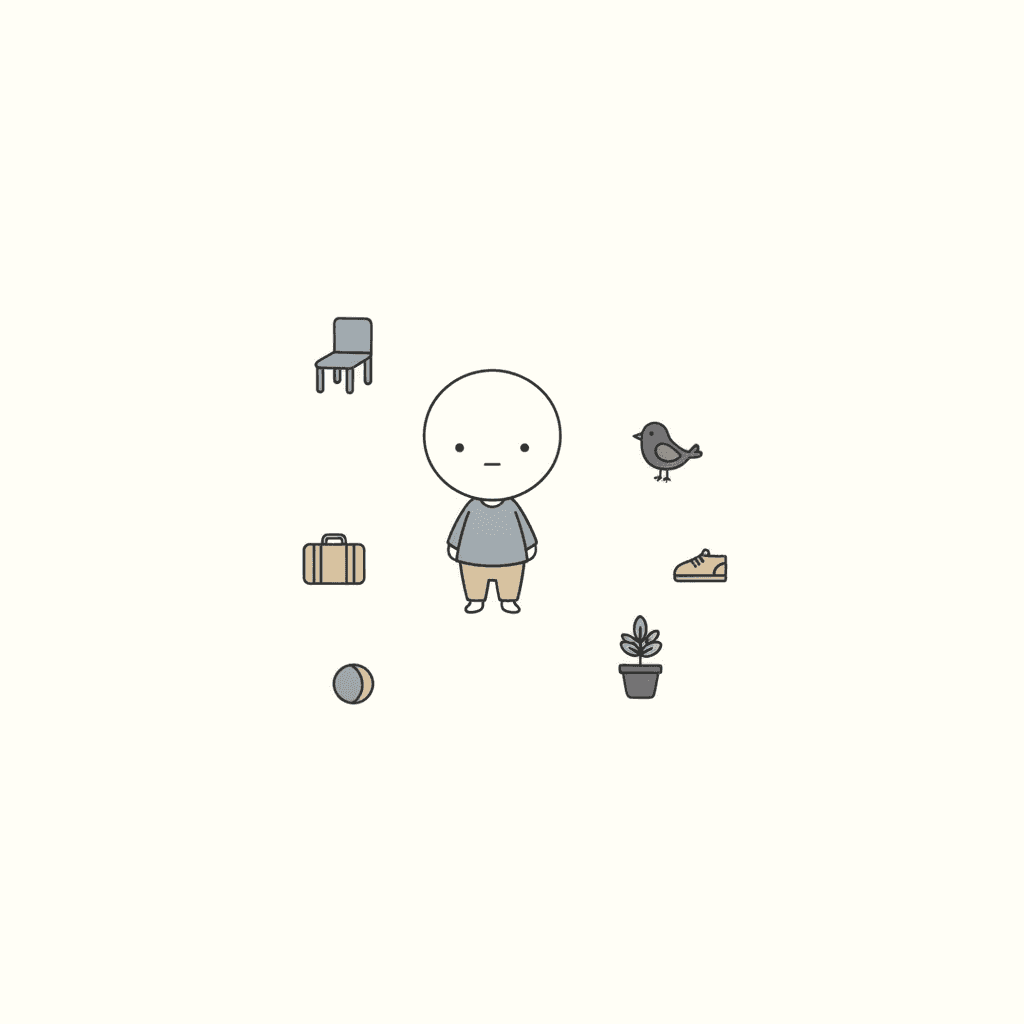 Square deadpan cartoon illustration of one small blank-faced child standing slightly left of centre in a wide empty off-white field, with six tiny separate items — a chair, a suitcase, a bird, a potted plant, a shoe and a ball — scattered far apart around them with calm empty space between every one
