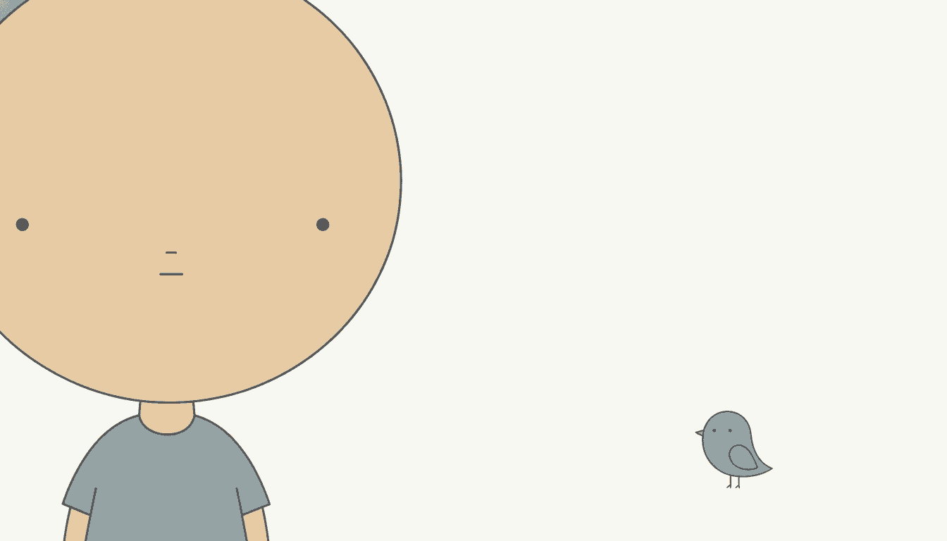 An enlarged deadpan cartoon face showing that the whole expression is two small charcoal dots and one short flat line, with no eyebrows and no mouth corners, beside a large area of empty space holding one tiny grey bird