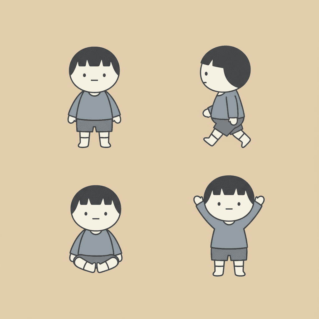Square deadpan cartoon character sheet showing the same round-headed child in four poses — standing, walking, sitting on the floor and reaching up — wearing the identical grey-blue jumper and charcoal shorts in all four, with the identical blank two-dot-and-one-line face every time, on a full-bleed warm beige field