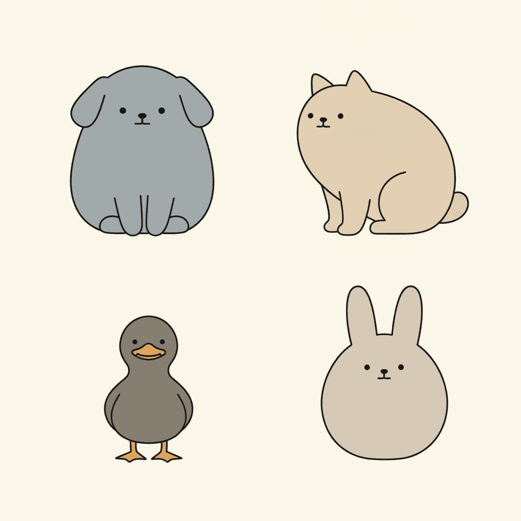 Square deadpan cartoon illustration of four simple flat animals in a two-by-two grid — a round grey-blue dog sitting upright, a fat beige cat in profile, a small charcoal duck and a plump grey rabbit — each reduced to one flat shape with a thin even outline and given the same completely blank face as the people