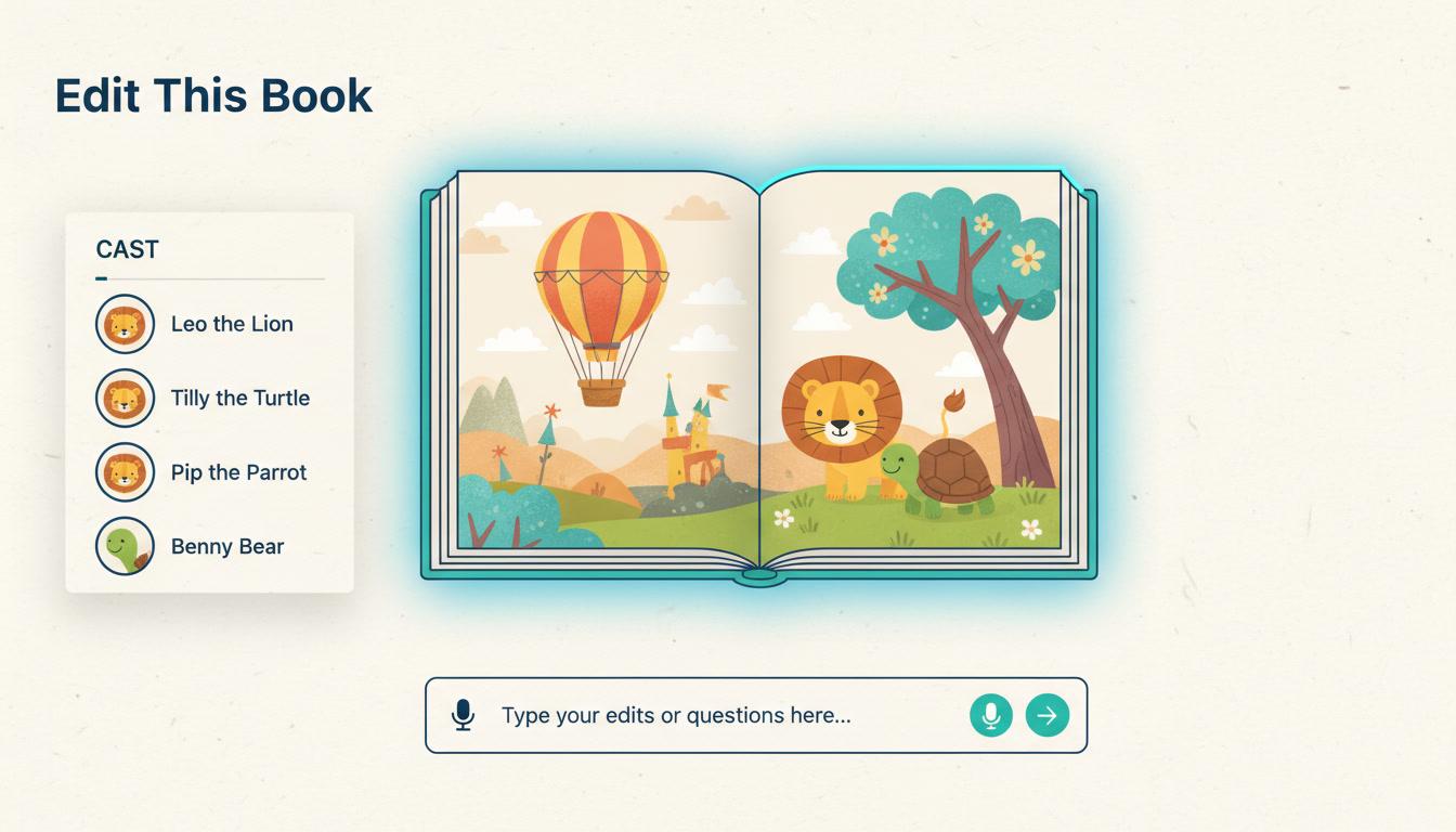 Editing an AI-generated book: an illustrated storybook spread with one page outlined in blue, a cast panel of character thumbnails beside it and a chat box along the bottom