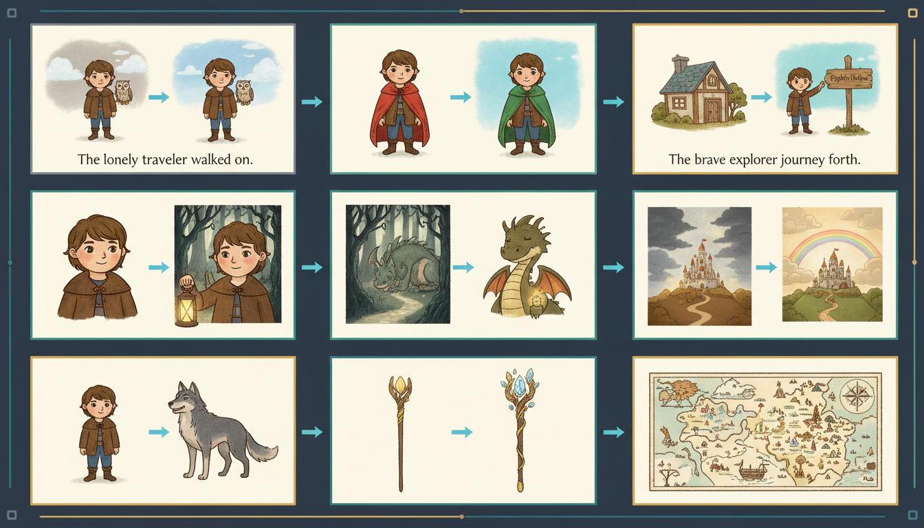 Nine small storybook edits shown as before-and-after pairs joined by arrows