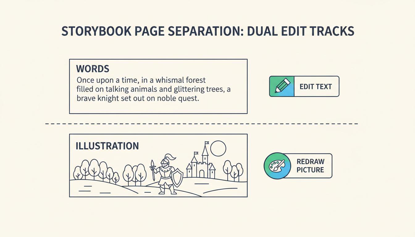 A diagram splitting one storybook page into an upper text track with its own edit control and a lower illustration track with its own separate redraw control