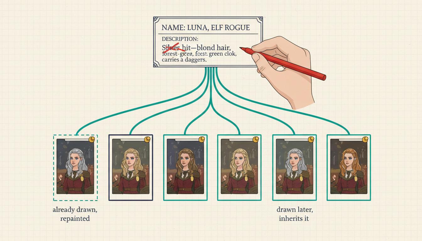 A source and surface diagram showing one character description being corrected with a pen while six storybook page thumbnails below it update to match