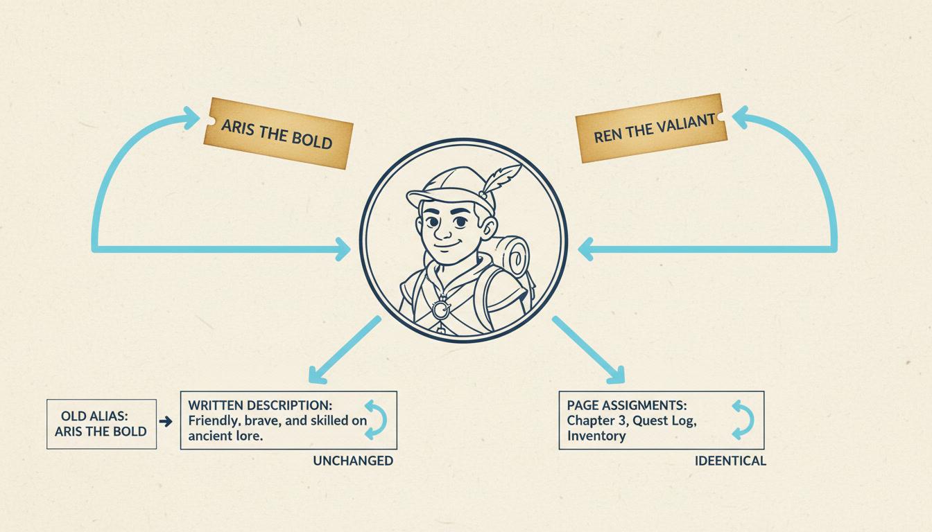 A rename diagram showing a character name tag being swapped while the portrait, the written description and the page assignments stay unchanged, with the old name kept as an alias