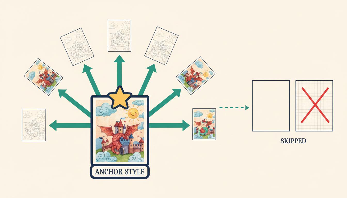 A style matching diagram with one anchor storybook page marked by a star and arrows fanning out to five other pages being repainted to match it