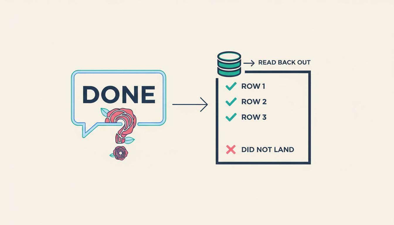 A verification diagram comparing a claim that an edit is done against a read back from the database producing a checklist of landed and failed changes