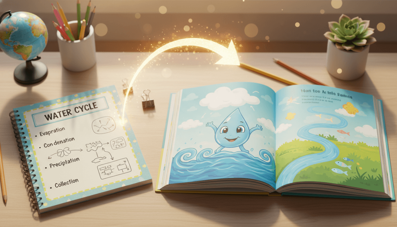 A teacher's water-cycle lesson plan transforming into a finished educational children's picture book on a classroom desk