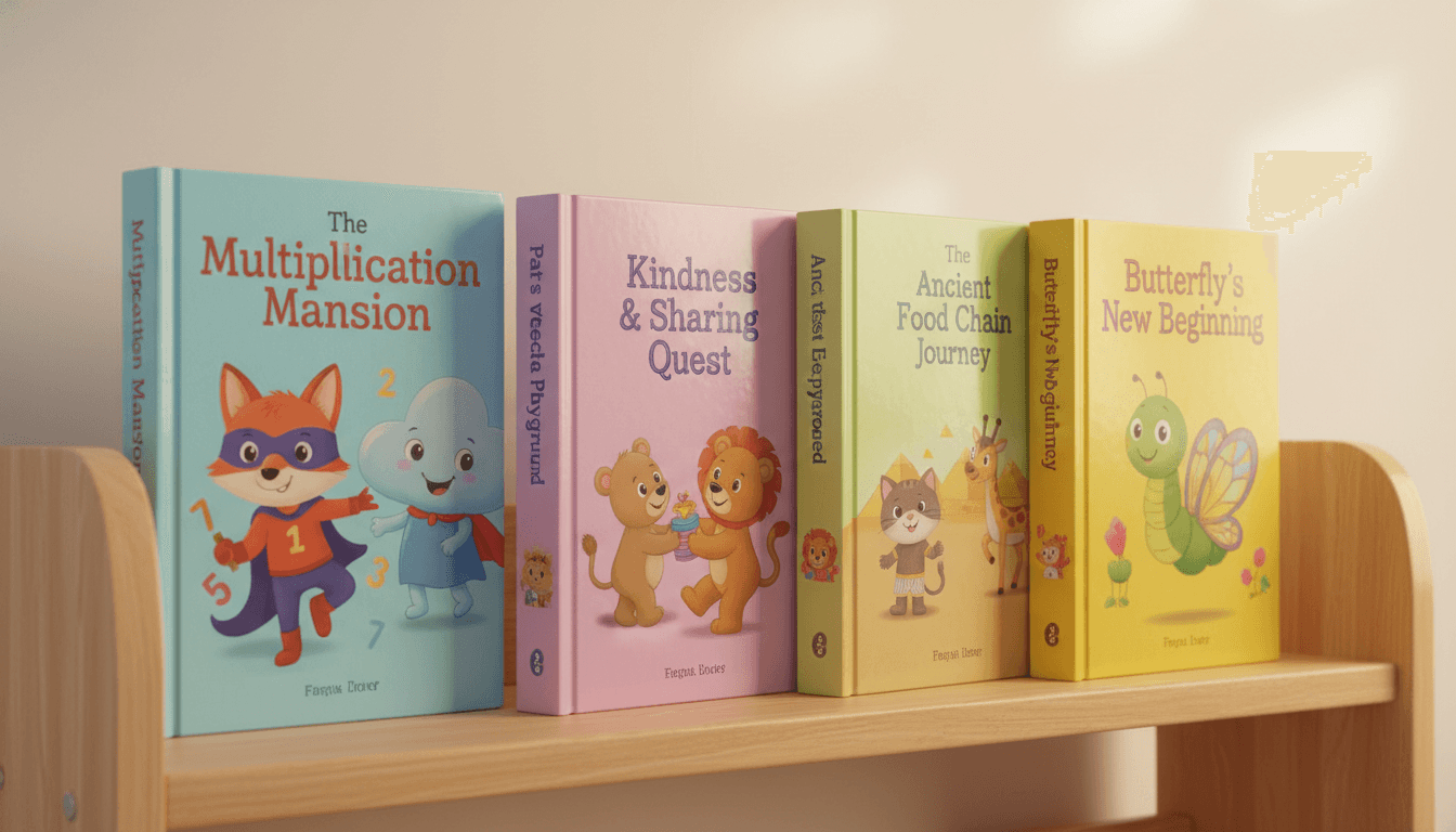 A bookshelf of finished educational children's picture books — multiplication, water cycle, parts of speech, kindness, ancient Egypt, food chain, butterfly life cycle