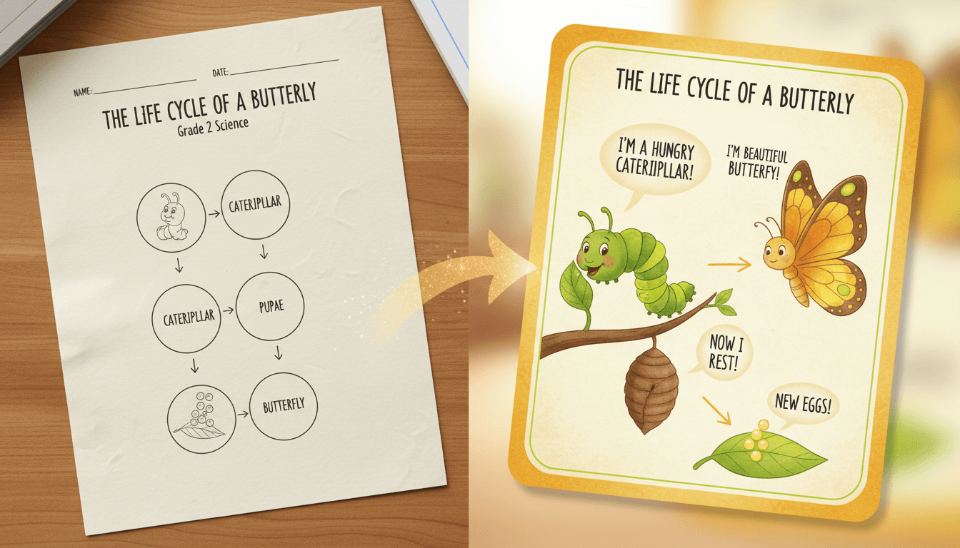 A side-by-side: a butterfly life-cycle worksheet on the left turning into a children's picture-book page of a smiling caterpillar transforming into a butterfly on the right