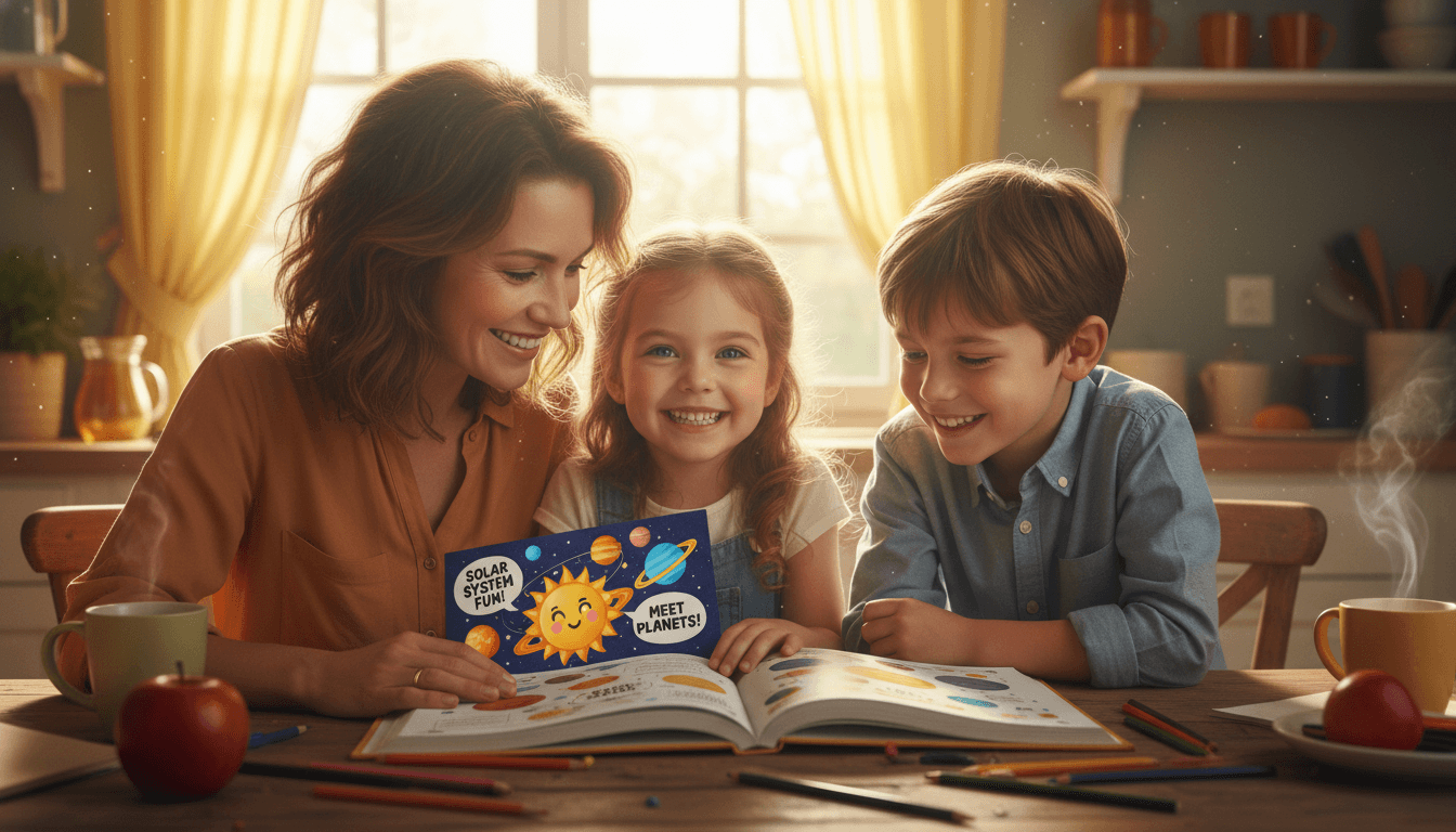 A homeschool parent and two cheerful kids reading a printed educational picture book about the solar system together at a sunlit kitchen table