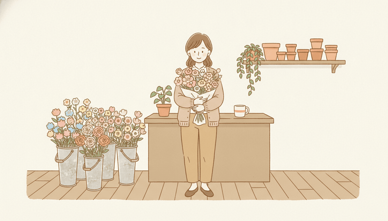 A woman of about thirty stands behind a plain wooden counter in a small flower shop, holding a paper-wrapped bunch of coral, pink and butter-yellow blooms in both arms and looking down at it with a small closed-mouth smile. She has shoulder-length brown hair and wears a soft oatmeal cardigan over a cream collared blouse, warm tan trousers and plain cream shoes. Four galvanised metal buckets packed with pastel flowers stand on the pale wooden floor at the left, a small potted plant and a cream mug with a pink stripe sit on the counter beside her, and a wooden shelf at the upper right carries six empty terracotta pots with a trailing green plant hanging beside them. Everything is drawn with the same simple warm outline over flat cream, and nothing in the picture casts a shadow