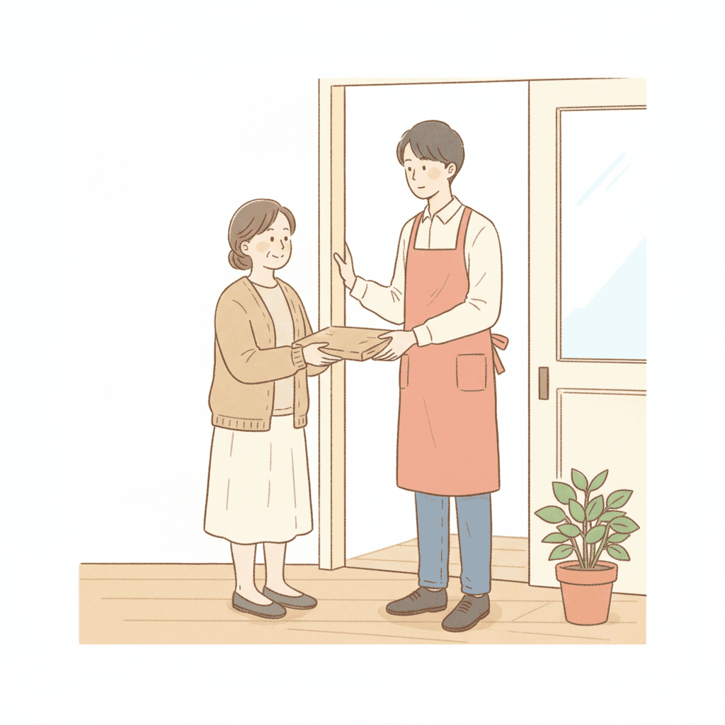 A short older woman and a tall young man stand facing each other in a plain doorway, a flat brown paper parcel passing between their hands. She has dark hair pinned up and wears a tan cardigan over a cream skirt with grey flat shoes; he wears a coral apron over a cream shirt with blue trousers and dark shoes, one hand raised against the door frame. Their heights, builds and face shapes are plainly different. Behind them a cream-painted door stands open onto pale wooden floorboards, with a terracotta pot of green leaves at the right. Both are drawn with the same simple warm outline and flat pastel colour, the parcel is plain unprinted paper, and neither figure casts a shadow on the floor