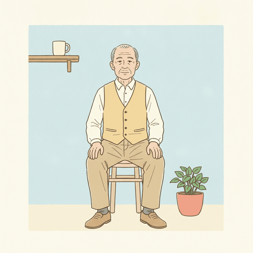 An older man with a square lined face and thin grey hair sits alone on a plain wooden stool against a flat pale blue wall, facing forward with one hand resting on each knee and a calm, plain expression. He wears a butter-yellow waistcoat over a cream shirt, warm tan trousers, grey socks and tan shoes. A narrow wooden shelf high at the left carries a single cream mug, and a coral plant pot holding round green leaves stands on the pale floor at the right, the one stronger colour in an otherwise quiet frame. Every area is filled with flat pastel colour with no gradient, no sheen and no shading anywhere, and neither the man, the stool nor the plant casts a shadow