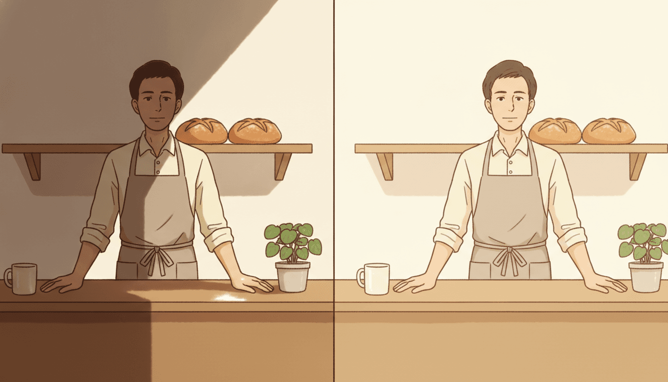 One wide picture divided down the middle by a thin vertical line, showing the same bakery counter drawn twice. In both halves a man in a pale apron over a cream shirt with rolled sleeves stands behind a plain wooden counter with both hands resting flat on it, a cream mug at one side and a small round-leaved potted plant at the other, and a wooden shelf holding two crusty loaves on the wall behind him. In the left half a hard light comes from one side: a long diagonal shadow is thrown across the wall and along the counter, one side of his face and one arm fall into shade, and the lower corner goes dark. In the right half the identical scene carries no shadow at all, and the wall, the counter and his face are one even cream tone throughout with nothing darker on one side than the other