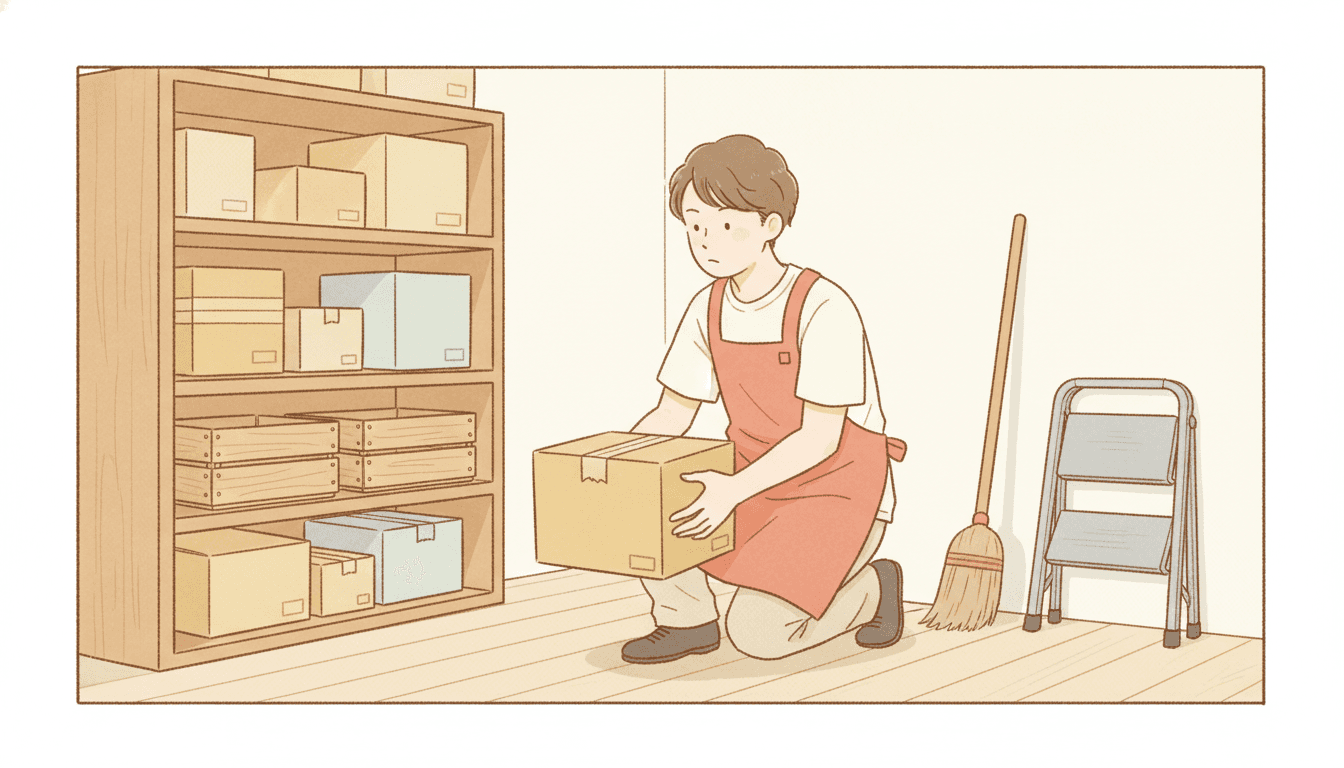 A young man kneels on one knee on a pale wooden floor in a plain stockroom, lifting a closed cardboard box with both hands and looking down at it with a mild flat expression. He wears a soft coral apron over a cream t-shirt and oatmeal trousers, with dark brown shoes. A tall wooden shelf unit fills the left of the picture, holding stacked cardboard boxes in cream and pale blue and two flat wooden crates. A straw broom leans against the plain cream wall behind him and a folded grey step-stool stands at the right. A thin brown rule runs around the outer edge of the picture, and nothing in the scene casts a shadow