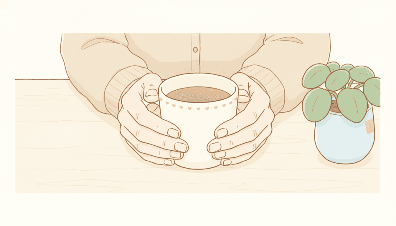 A close view from slightly above of two hands cupped loosely around a cream mug on a pale wooden table, with the ribbed cuffs of a cream knitted cardigan at both wrists. The mug is decorated with a single row of small coral hearts and holds milky tea. Every line is a simple warm outline of fairly even weight, so the knuckles, the fingernails and the fold of each cuff are each described by one or two plain strokes, with no shading, no cross-hatching and no texture anywhere on the skin or the wool. A small plant with round green leaves stands in a pale blue pot at the right edge. The mug is completely matte with no gleam or reflection on it, and neither it nor the hands cast any shadow on the table