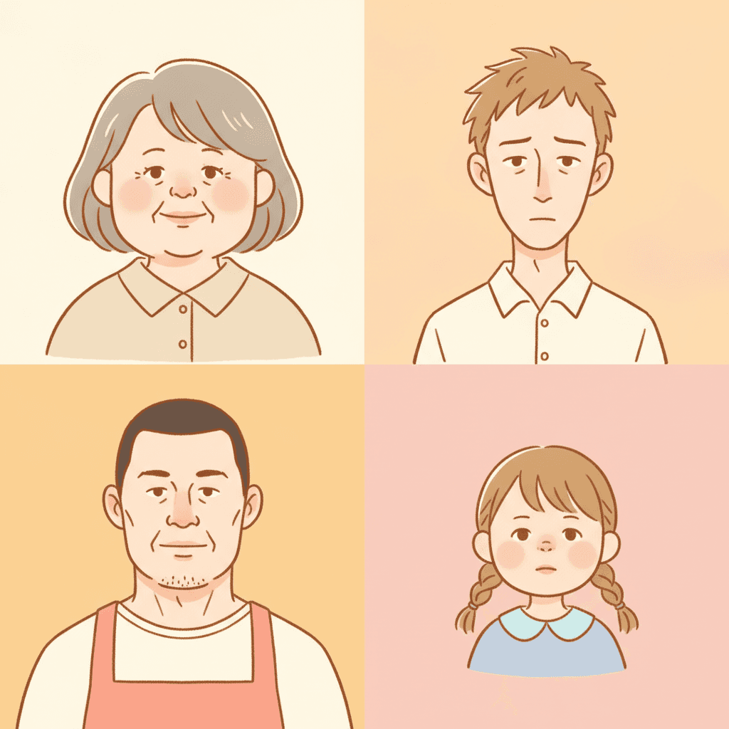 A square divided into four equal quarters, each a flat colour carrying the head and shoulders of a different person. On cream, an older woman with grey chin-length hair, full round cheeks, laughter lines and a small closed-mouth smile, in a pale oatmeal collared shirt. On soft peach, a thin young man with a long narrow face, a high forehead, tufty light brown hair and slightly raised eyebrows, in a cream shirt, looking mildly uncertain. On warm amber, a broad square-jawed middle-aged man with a heavy brow, cropped dark hair and stubble, in a coral apron over a cream top, looking calmly ahead. On pale pink, a small girl with a wide round face, a fringe and two short plaits, in a blue dress with a white collar. The four face shapes, head sizes and ages are plainly different from one another, and no face carries any shading