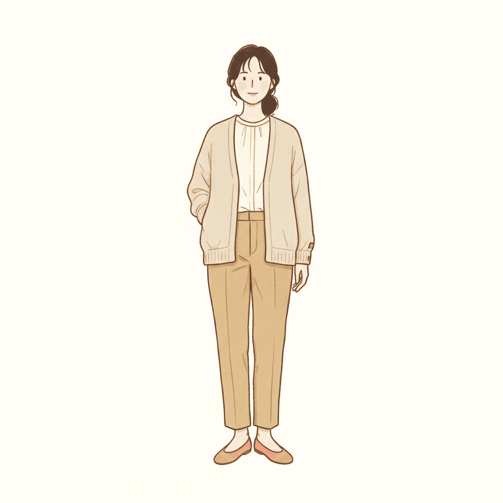 One woman of about thirty stands alone, drawn whole from head to feet against a completely plain cream background with no room, no floor and no furniture around her. She faces forward in a relaxed everyday stance with one hand tucked into the pocket of an open oatmeal knitted cardigan and the other hanging at her side, wearing a cream blouse, warm tan trousers and flat coral shoes, her dark hair tied back loosely. The whole figure is carried by the shape of its outline: the drop of the cardigan, the line of the trousers and the shapes of her hands and feet are all clearly readable, while the inside of the figure is left almost entirely plain, with only two or three lines for folds and no shading, hatching or texture anywhere. She casts no shadow on the empty ground