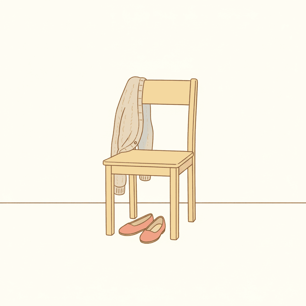 A plain pale wooden chair stands alone in the middle of a flat cream field, with a soft oatmeal knitted cardigan hung over its back, one sleeve hanging down past the seat, and a pair of coral flat shoes left on the floor beneath it, slightly apart. There are no people and no other objects in the picture at all. One thin horizontal line behind the chair is the only indication of where the floor meets the wall. Everything is drawn with a simple warm outline and filled with flat colour, with no wood grain, no stitching, no shading and no texture anywhere, and neither the chair, the cardigan nor the shoes casts any shadow