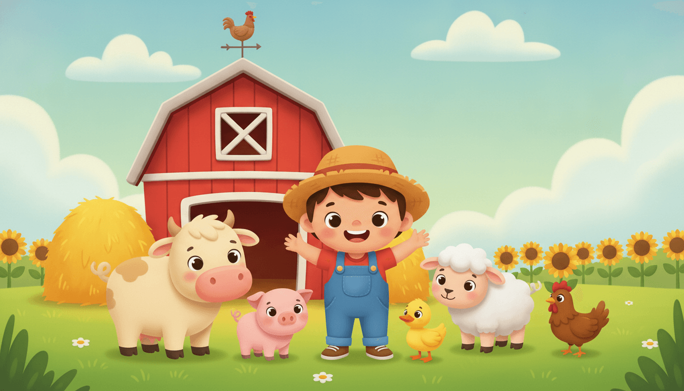 A happy smiling young farmer child in denim overalls and a straw hat in front of a big red barn surrounded by friendly cartoon farm animals in an AI-generated farm story