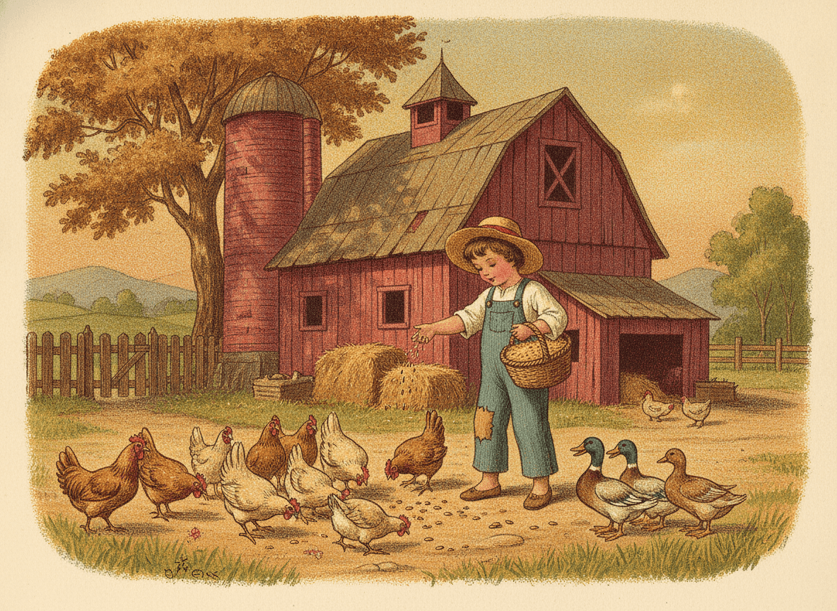 Classic storybook style illustration of a young farmer scattering seeds for chickens and ducks in a cozy barnyard