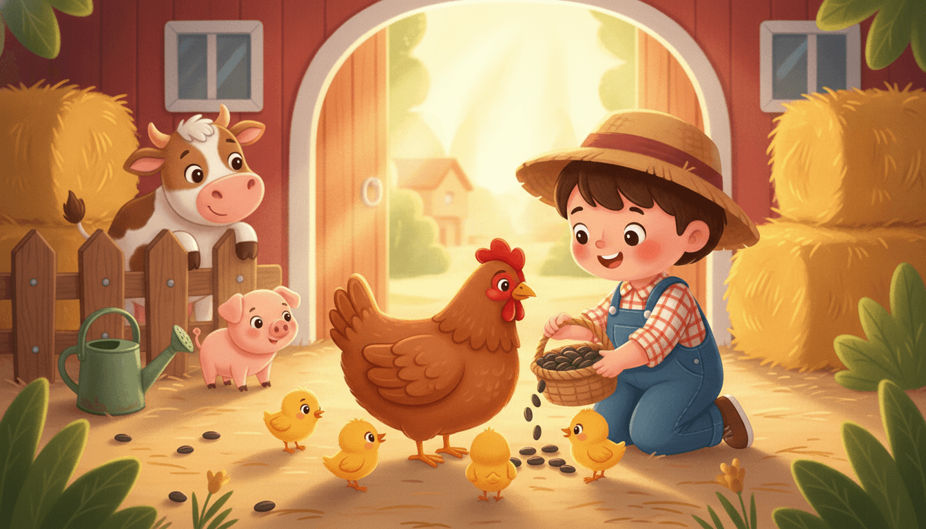 A young farmer child gently feeding a mother hen and fuzzy yellow chicks from a basket of seeds in a cozy sunlit barnyard
