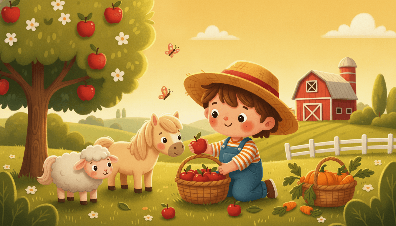 A curious little farmer child collecting red apples into a basket in a green orchard with a friendly pony and a wooly sheep nearby