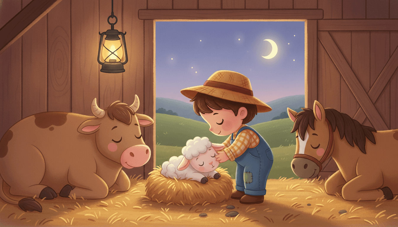 A sweet little farmer child tucking a soft lamb into a cozy hay bed in the barn at sunset, a cow and horse resting nearby under a crescent moon