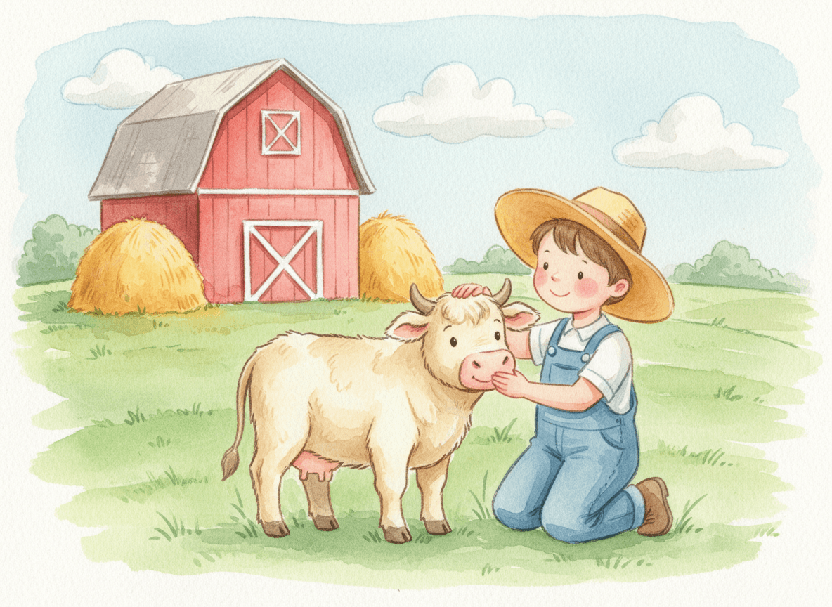 Watercolor style farm story illustration of a gentle young farmer petting a fluffy cow beside a red barn