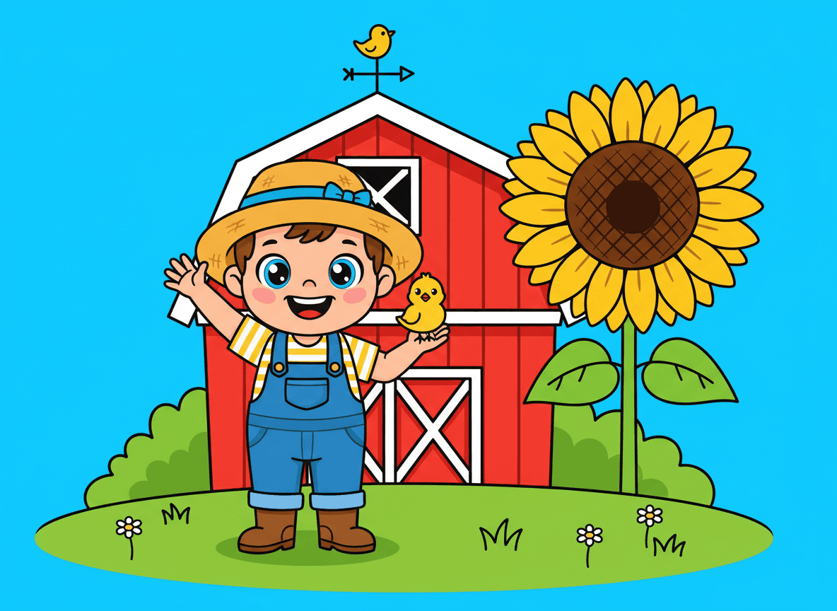 Cartoon style farm story illustration of a happy little farmer child in overalls holding a tiny yellow chick