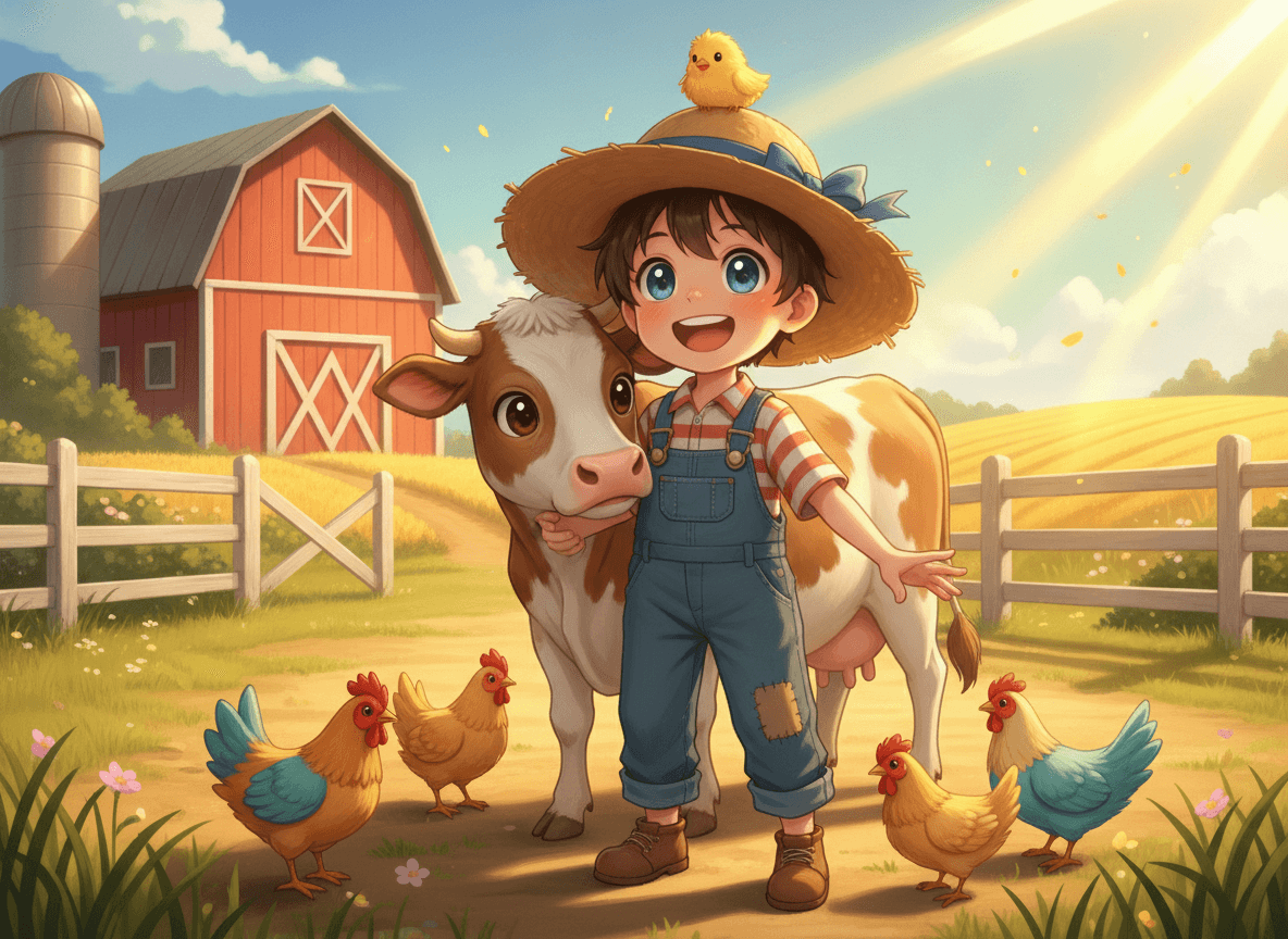 Anime style farm story illustration of a cheerful young farmer in a sunny farmyard with a cow and chickens