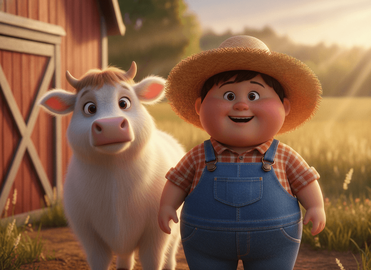 Cinematic 3D style farm story illustration of an adorable little farmer child beside a fluffy cow near a sunlit red barn