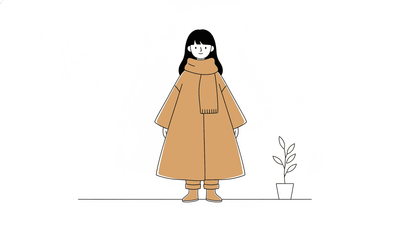 A girl of about eight drawn on a large empty white ground in one thin black line of the same weight everywhere. She wears a long camel-tan coat that falls in a wide swinging bell from the shoulders to just above her ankles, a thick camel scarf hanging in two straight lengths down the front, camel cuffed trousers and small camel boots. Her hair is one flat black shape and her face is left plain white with two dot eyes, a tiny nose line and a small smile — far less drawn than the coat. One slim potted plant stands in outline to the right, a single hairline runs across the floor behind her, and nothing anywhere casts a shadow