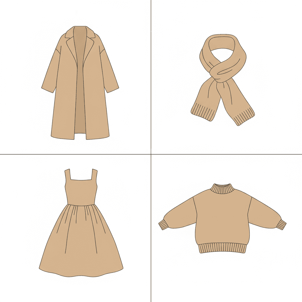 A two-by-two grid of four white squares divided by thin black lines, each holding one camel-tan garment drawn entirely on its own — no person wearing it, no hanger, no rail and no stand, each one simply holding its own shape in the empty white with no shadow beneath it. Top left, a long coat hanging open with wide notched lapels and sleeves falling straight. Top right, a thick scarf knotted in a loose loop with two ribbed ends crossing below it. Bottom left, a pinafore dress with a square neckline, narrow straps and a full gathered skirt. Bottom right, an oversized rollneck jumper laid open with both sleeves spread, ribbing at the collar, the cuffs and the hem. Every one is recognisable from its outline alone