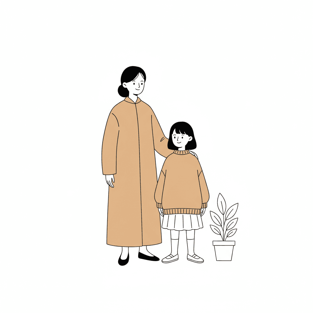 Two figures standing together on an entirely empty white ground, drawn in one thin black line with no shading and no shadow beneath them. A woman in a long camel coat buttoned to the ankle, her black hair in a low bun and her shoes two flat black shapes, rests one hand on the shoulder of a girl beside her. The girl wears an oversized camel rollneck jumper with ribbed collar, cuffs and hem over a white pleated skirt, with white socks and white shoes, her hair one flat black bob. Both faces are left plain white with two dot eyes and a small smile. A potted plant drawn in bare outline stands to the right, and the whole upper half of the picture is empty