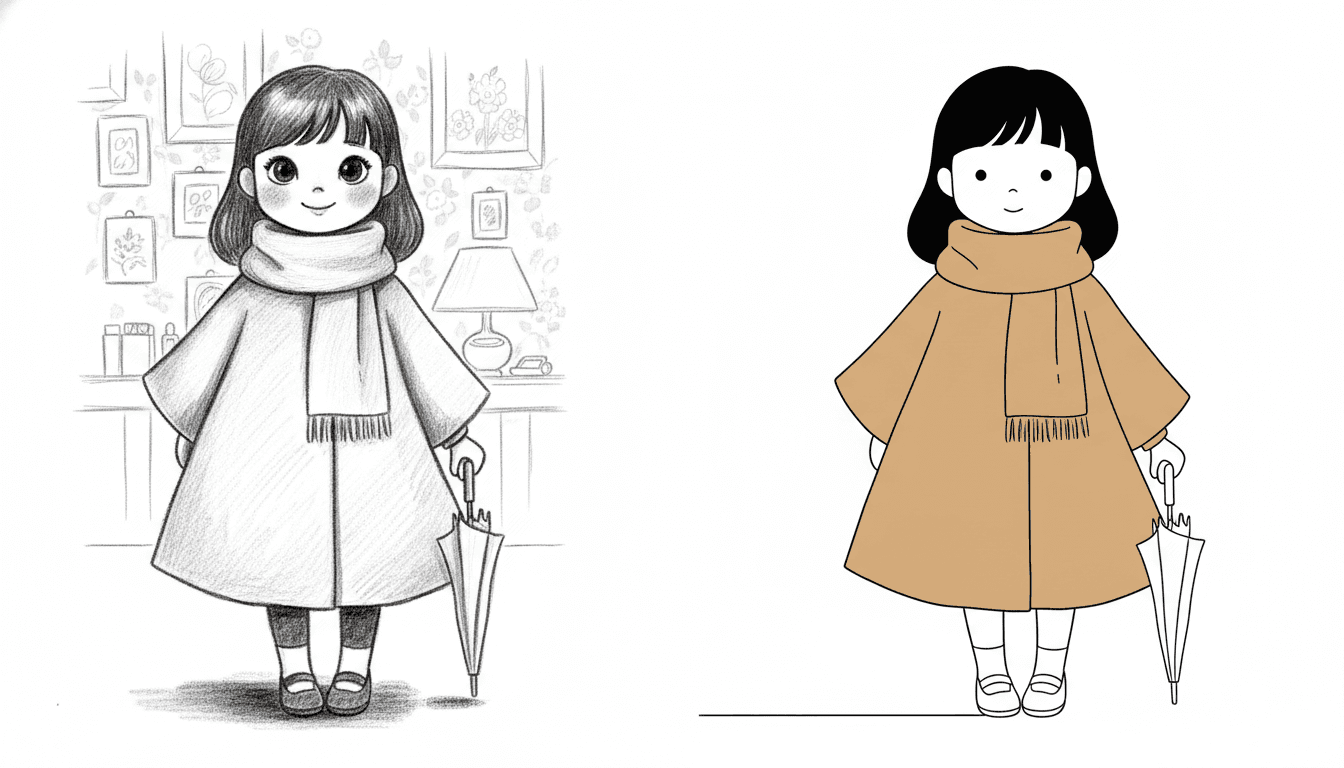 One wide picture split down the middle, the same girl in the same pose in both halves, holding the same closed umbrella and wearing the same coat and scarf. On the left everything is drawn in soft grey pencil: her face is rendered in detail with huge glossy eyes, drawn eyelashes, a shaded nose, pink cheeks and strands in her hair, she stands in a cluttered room of patterned wallpaper, five framed pictures, a lamp and a shelf of small objects, and a smudged shadow pools under her feet — while her coat and scarf are vague shaded shapes with no clear outline. On the right the same girl is drawn in one thin even black line on empty white: her face is reduced to two dots, a tiny nose line and a small smile, her hair is one flat black shape, and the camel coat now has a crisp swinging outline and the camel scarf a clear ribbed fringe